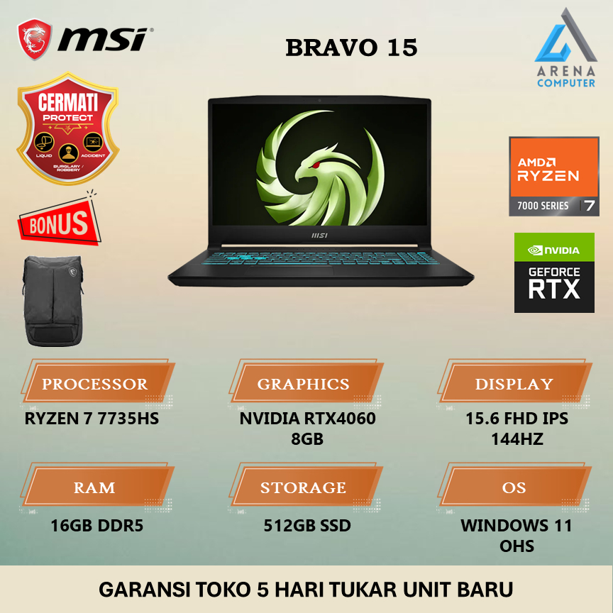 MSI Bravo 15 Ryzen 7 7735HS RTX4060 16GB 512GB FHD IPS 144Hz W11 OHS