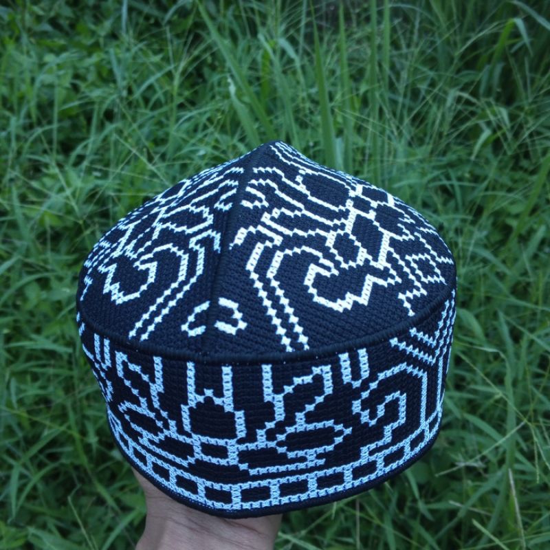 peci songkok Pakistan full bordir motif ovais bunga hitam putih terbaru dewasa Al-Kafiyyah