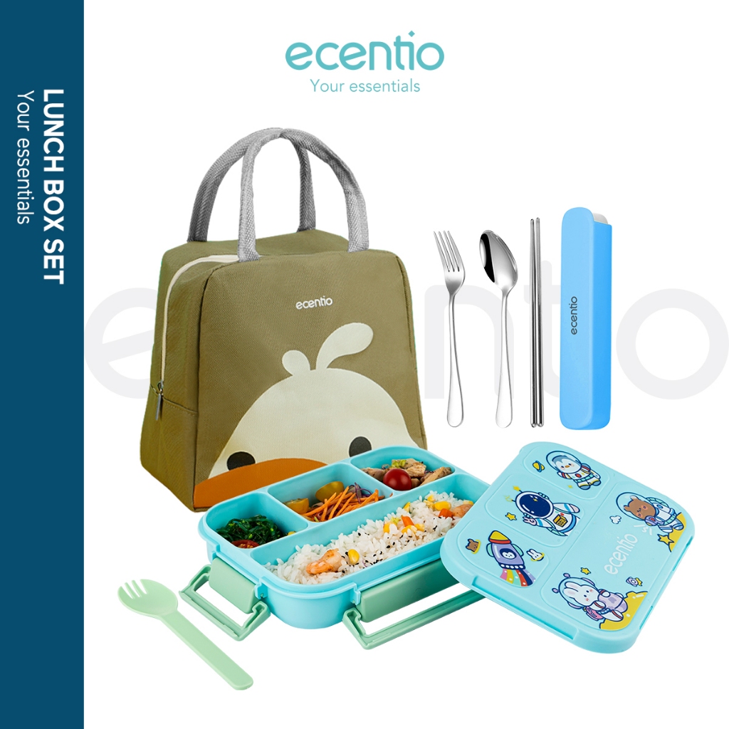 	 ecentio lunch box set lucu tempat makan anak sendok set dan tas bekal	