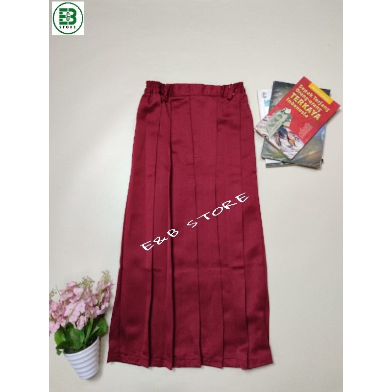 Rok SD merah rempel keliling bahan elemen /licin