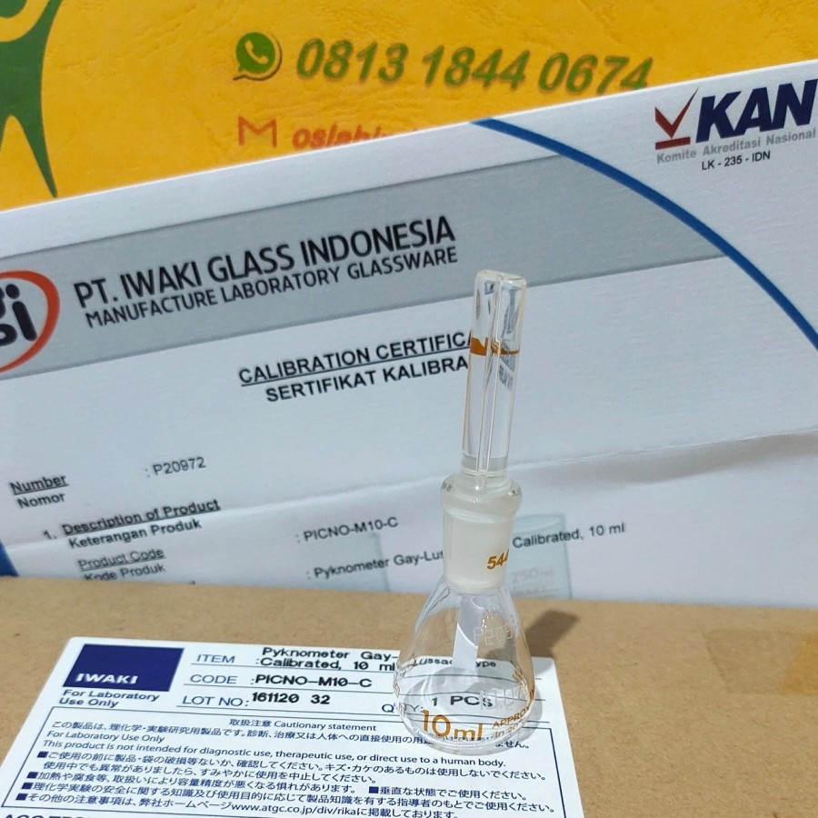 IWAKI Picnometer calibrated 10 ml Piknometer bersertifikat kalibrasi