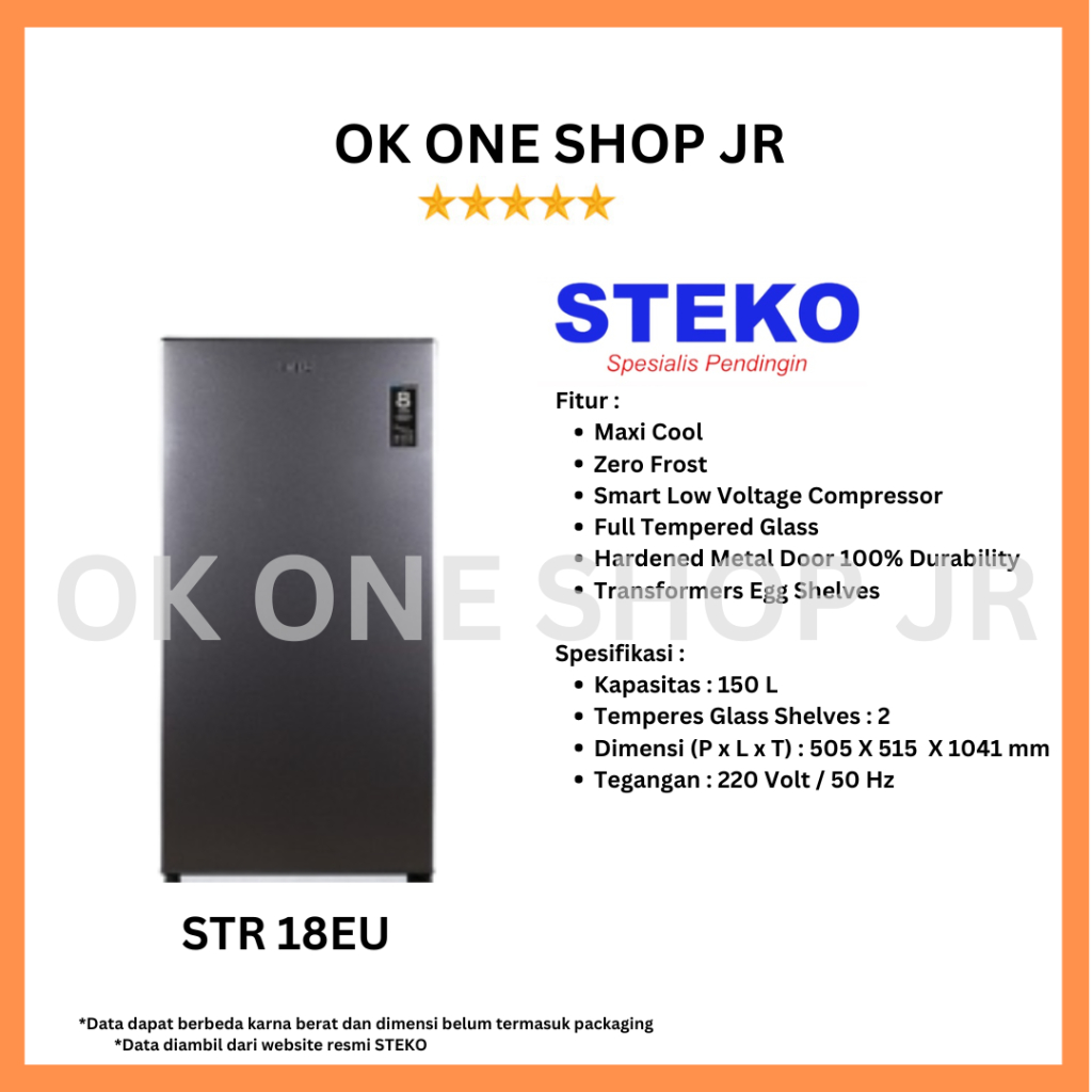 Kulkas 1 Pintu STEKO STR-18EU, Kapasitas 140 Liter, Desain Armoured Body, Warna Aurora Metallic Grey