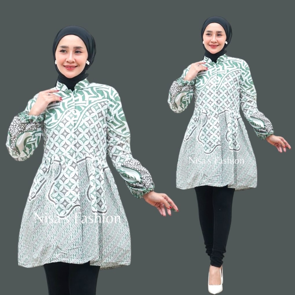 Atasan Blouse Batik Lengan Balon Tunik Wanita Ukuran M L XL XXL