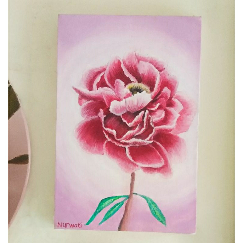 Lukisan 20 x 30 cm, Lukisan asli original, Lukisan bunga peony, Lukisan Peony, Lukisan pemandangan, 