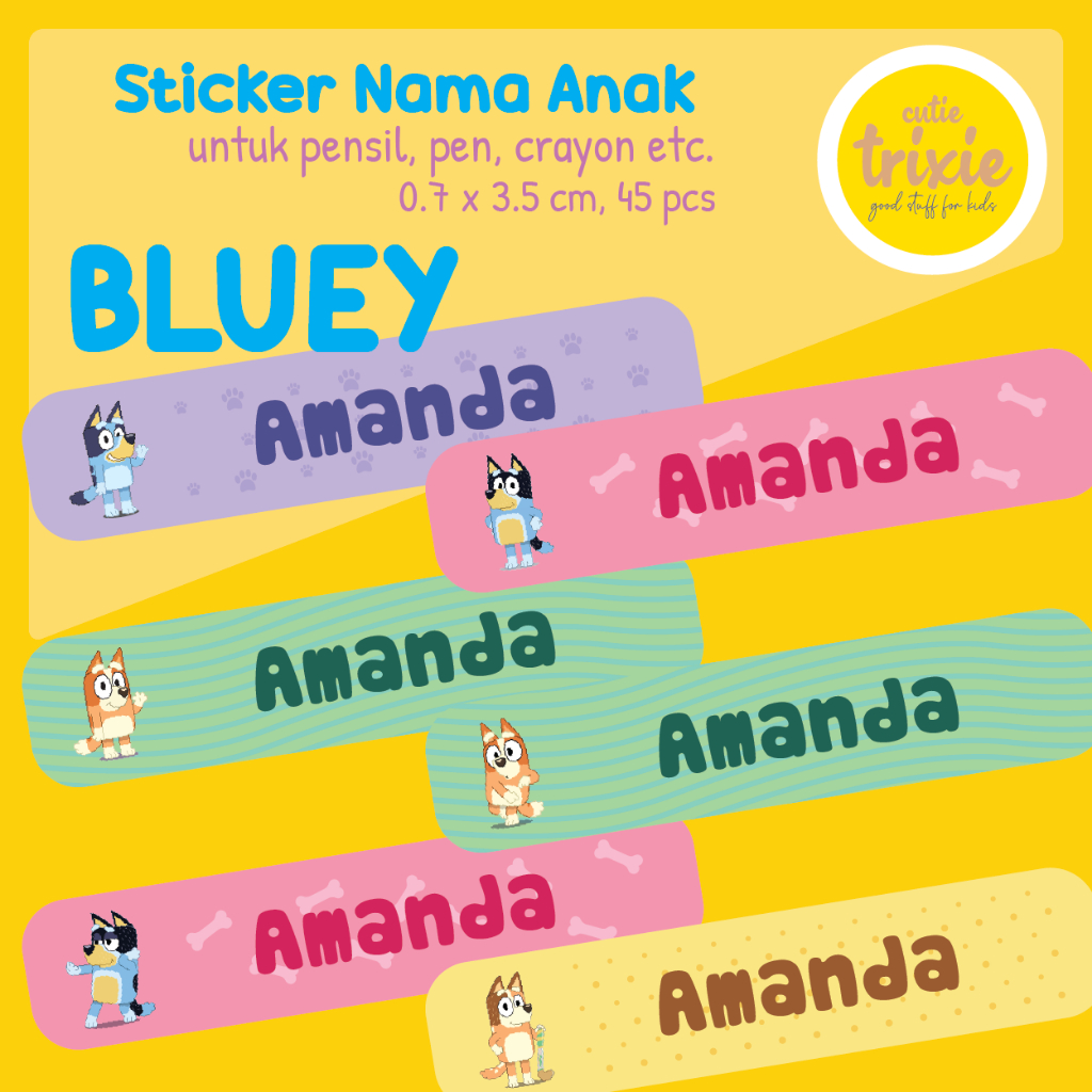 

Sticker label nama anak untuk pensil pen crayon Bluey