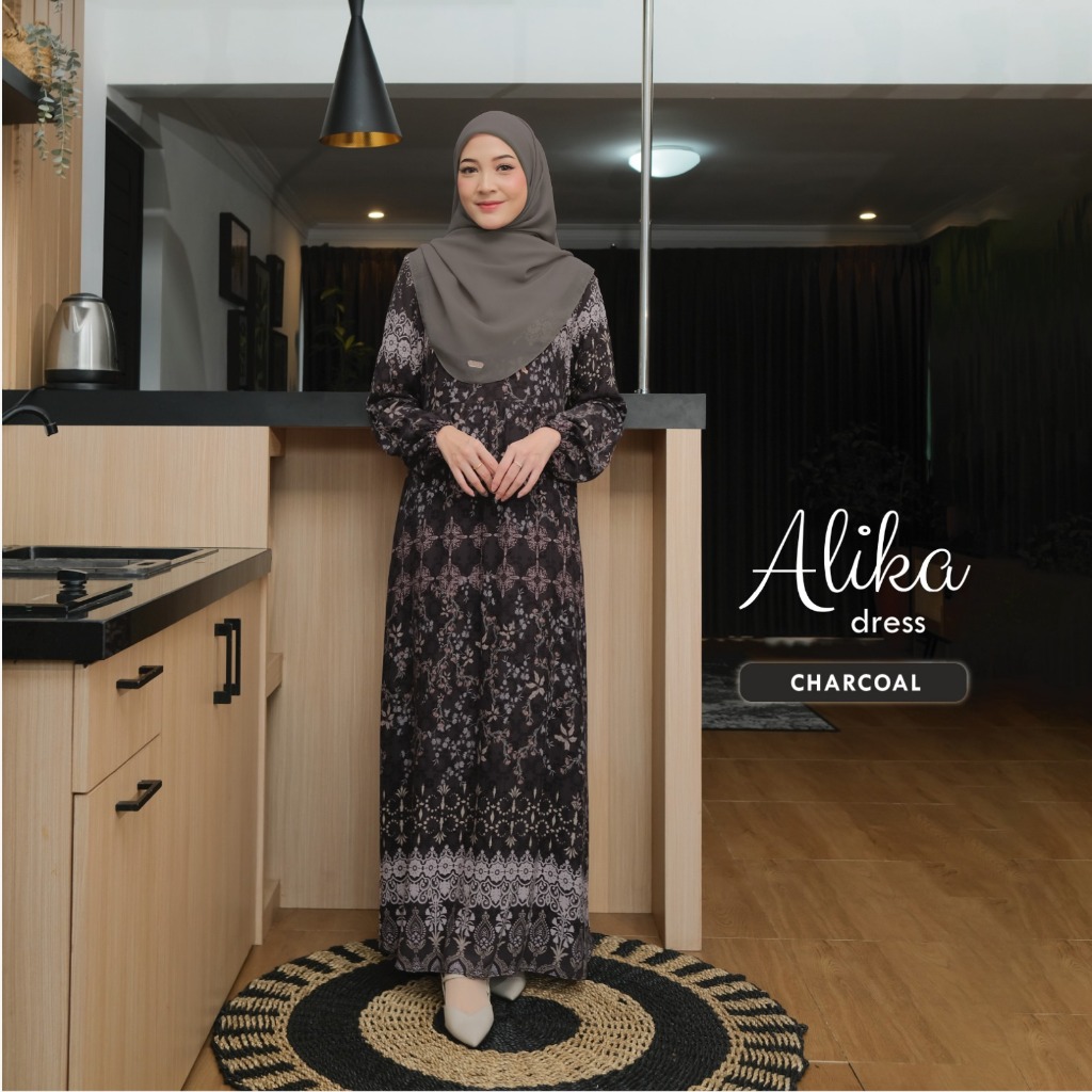 Naisha Official - Naisha Lite Alika Dress | Dress Motif Floral Etnic | Gamis Rayon Motif-Charcoal