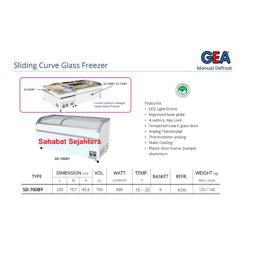 GEA Sliding Curve Glass Freezer SD-700BY Freezer Sliding Kaca