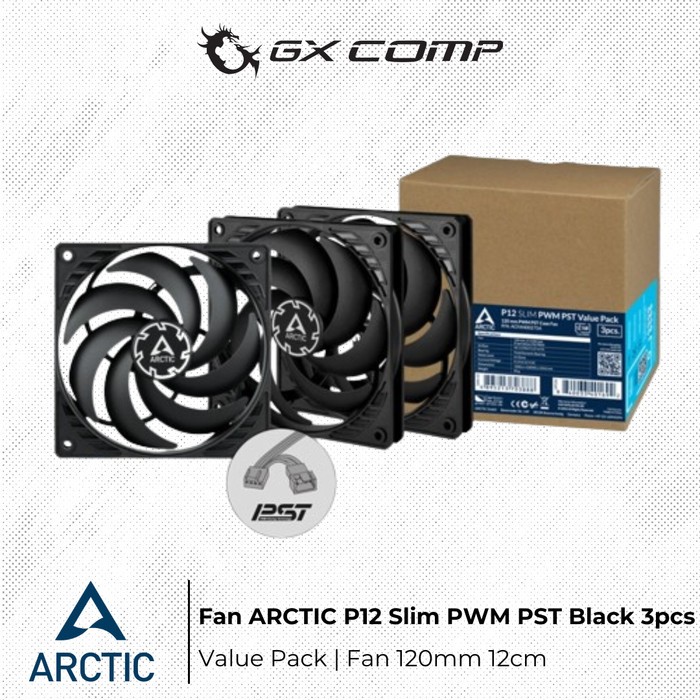 Fan ARCTIC P12 Slim PWM PST Black 3pcs Value Pack | Fan 120mm 12cm