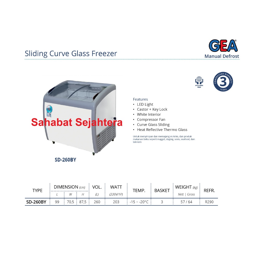 GEA Sliding Curve Glass Freezer SD-260BYR Freezer Sliding Kaca