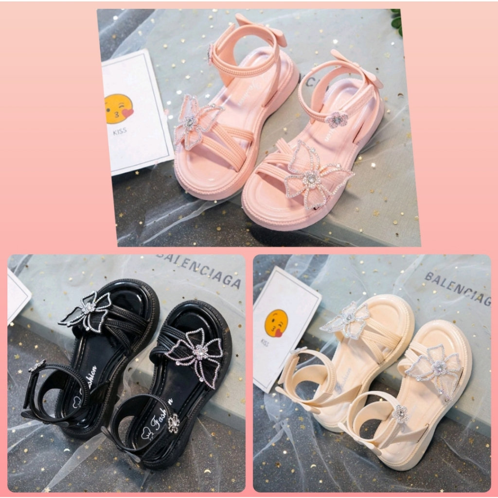Sandal Jelly Pesta Import Anak Perempuan Motif Kupu-Kupu Mutiara/ Jelly Shoes Casual Butterfly Flowe