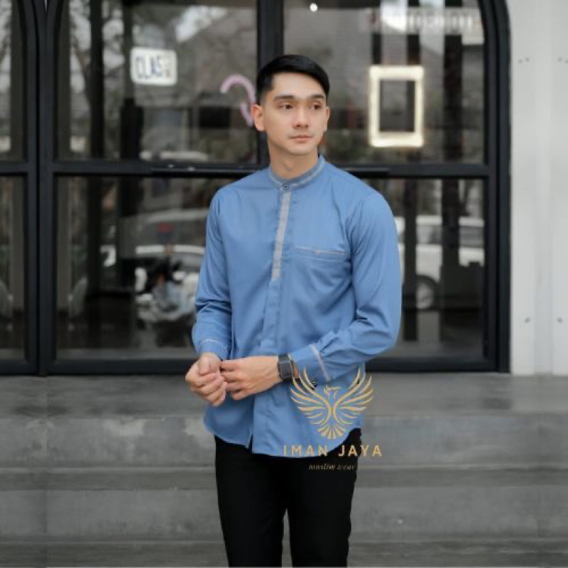 satu set baju koko couple anak ayah kemeja couple biru denim