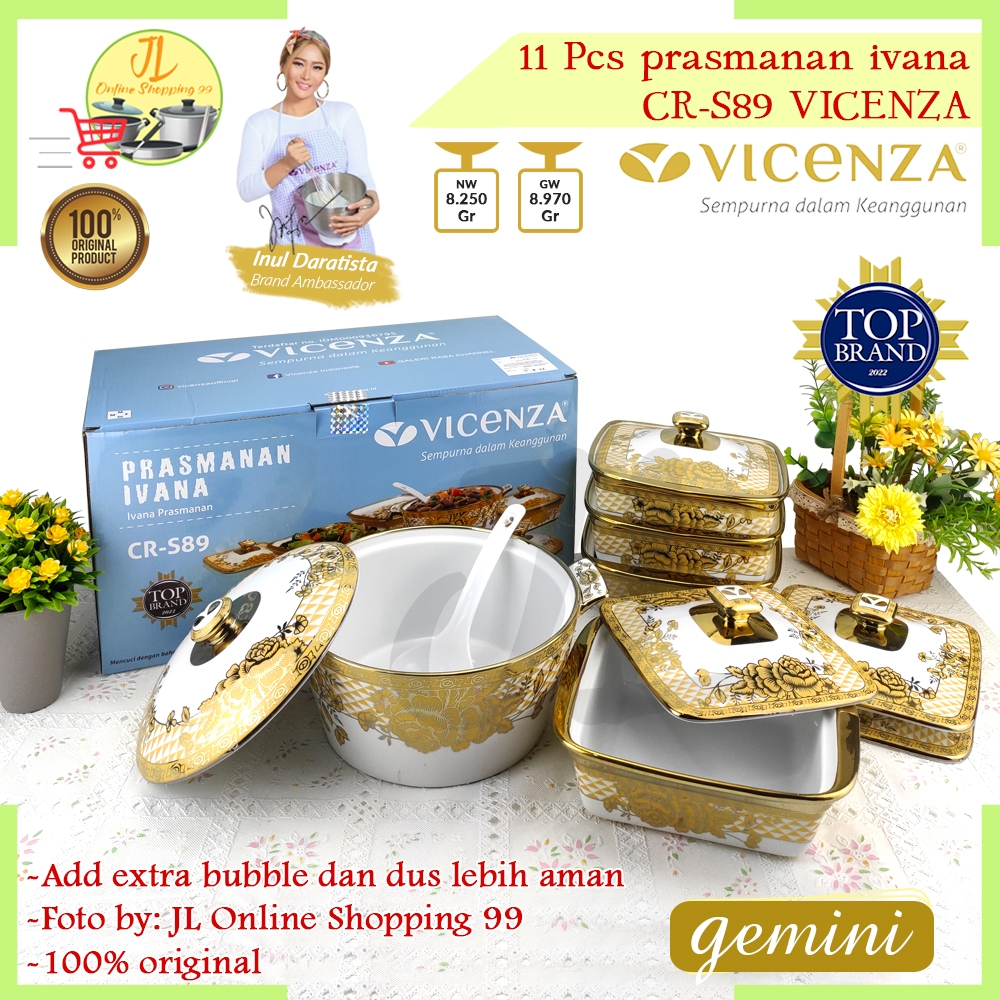 VICENZA 11pcs prasmanan set motif gemini segi + bulat keramik + sendok sayur CRS89/ wadah saji makan