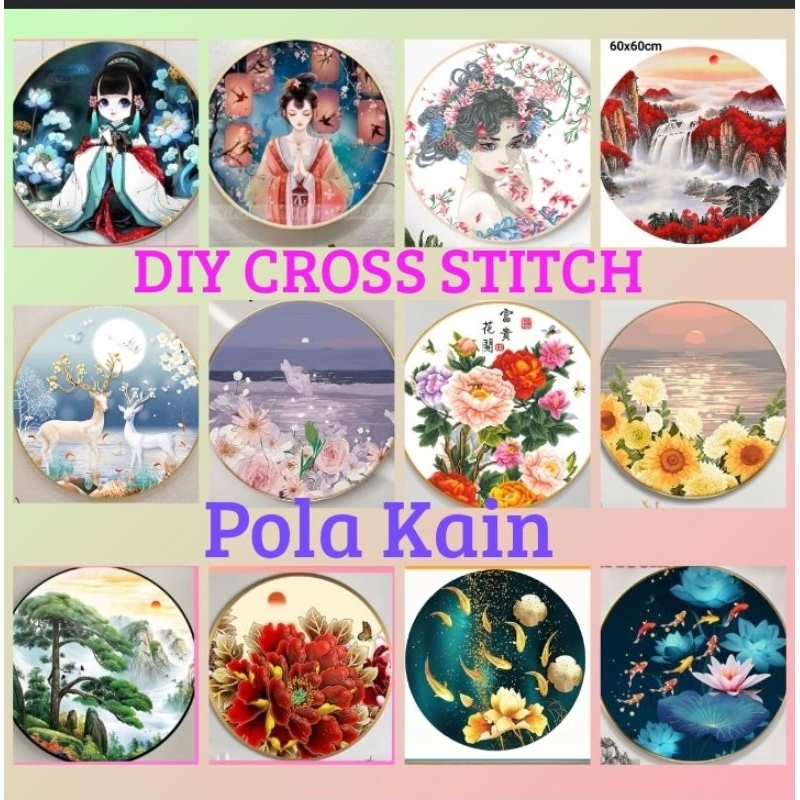 paket kristik pemandangan bunga hewan ikan koi gunung pola kain cross stitch sulaman round