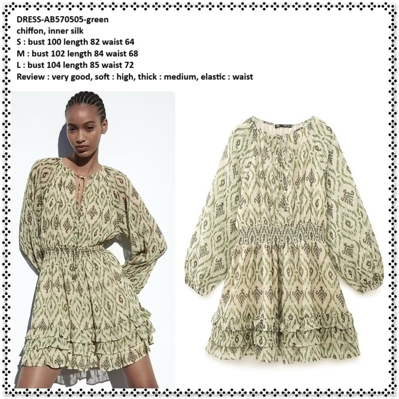 AB570505 Mini Dress Pesta Lengan Panjang Vintage Etnik Wanita Korea Import Tunik Green Hijau Sifon C