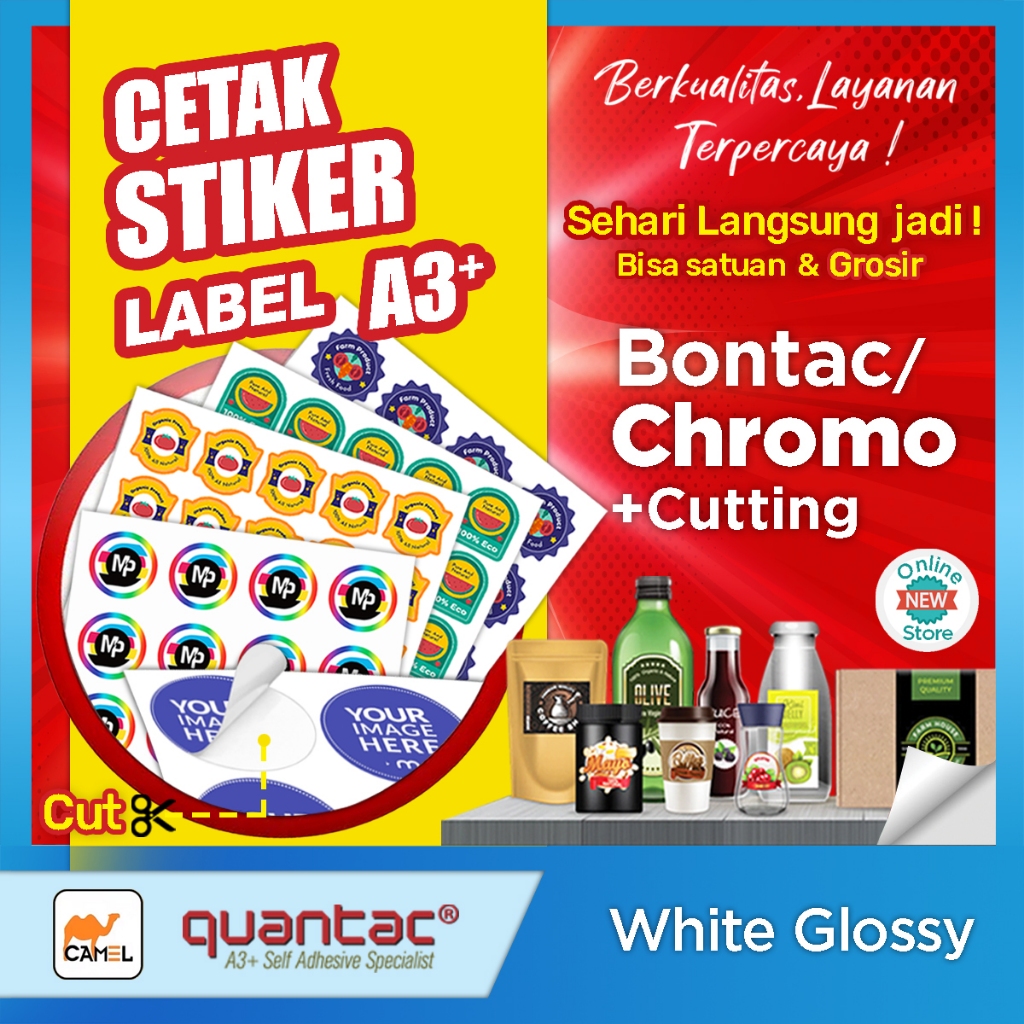 

Cetak Stiker / Stiker Label produk / Print Stiker Kemasan / Stiker A3+ Cutting kiss cut / Die Cut