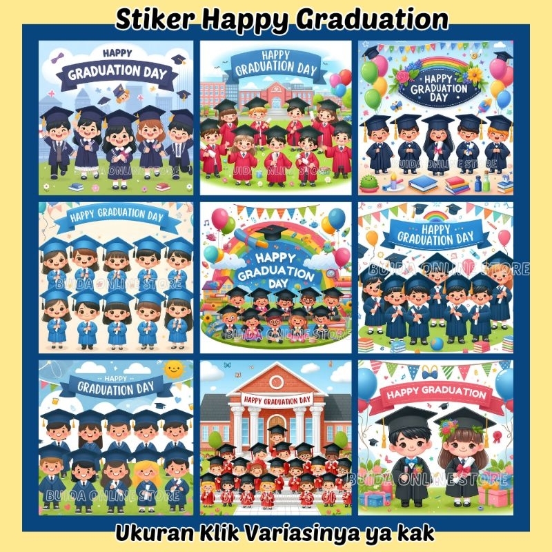 Sticker stiker label Happy Graduation Day Selamat Hari Kelulusan Wisuda tema anak-anak kids TK Paud 
