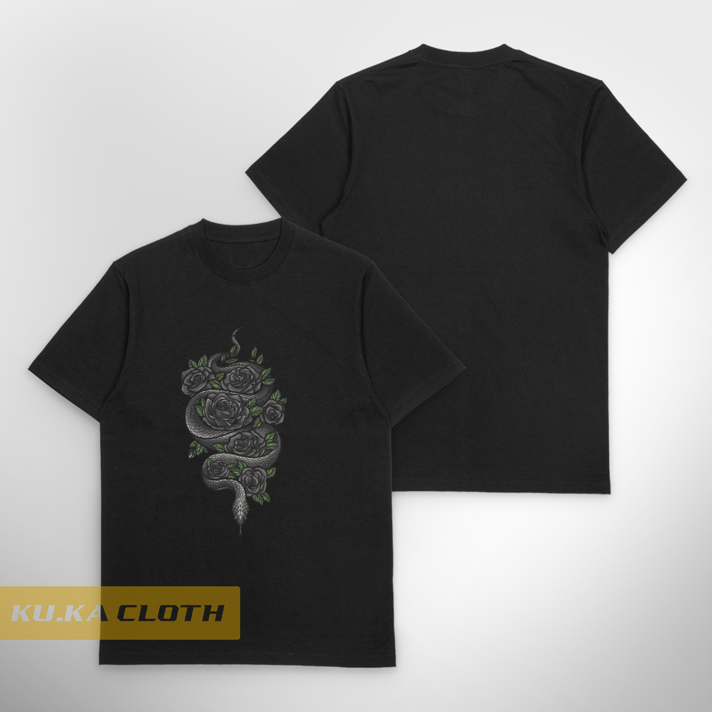 Baju Kaos Distro Pria King cobra snake and black rose