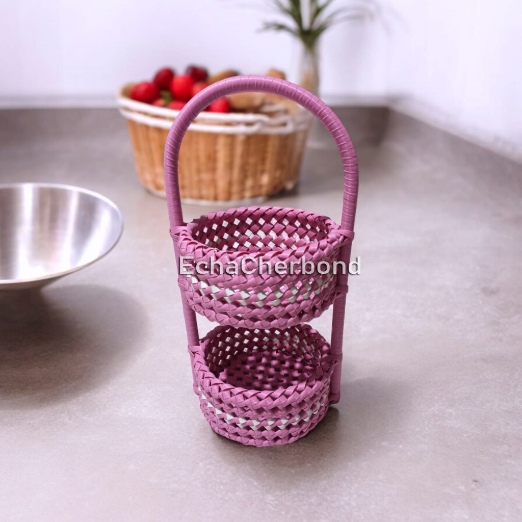 Keranjang Bumbu 2 Susun Bulat Anyaman Ketupat Rotan Sintetis Rak Bawang Rattan Tempat Bumbu Dapur