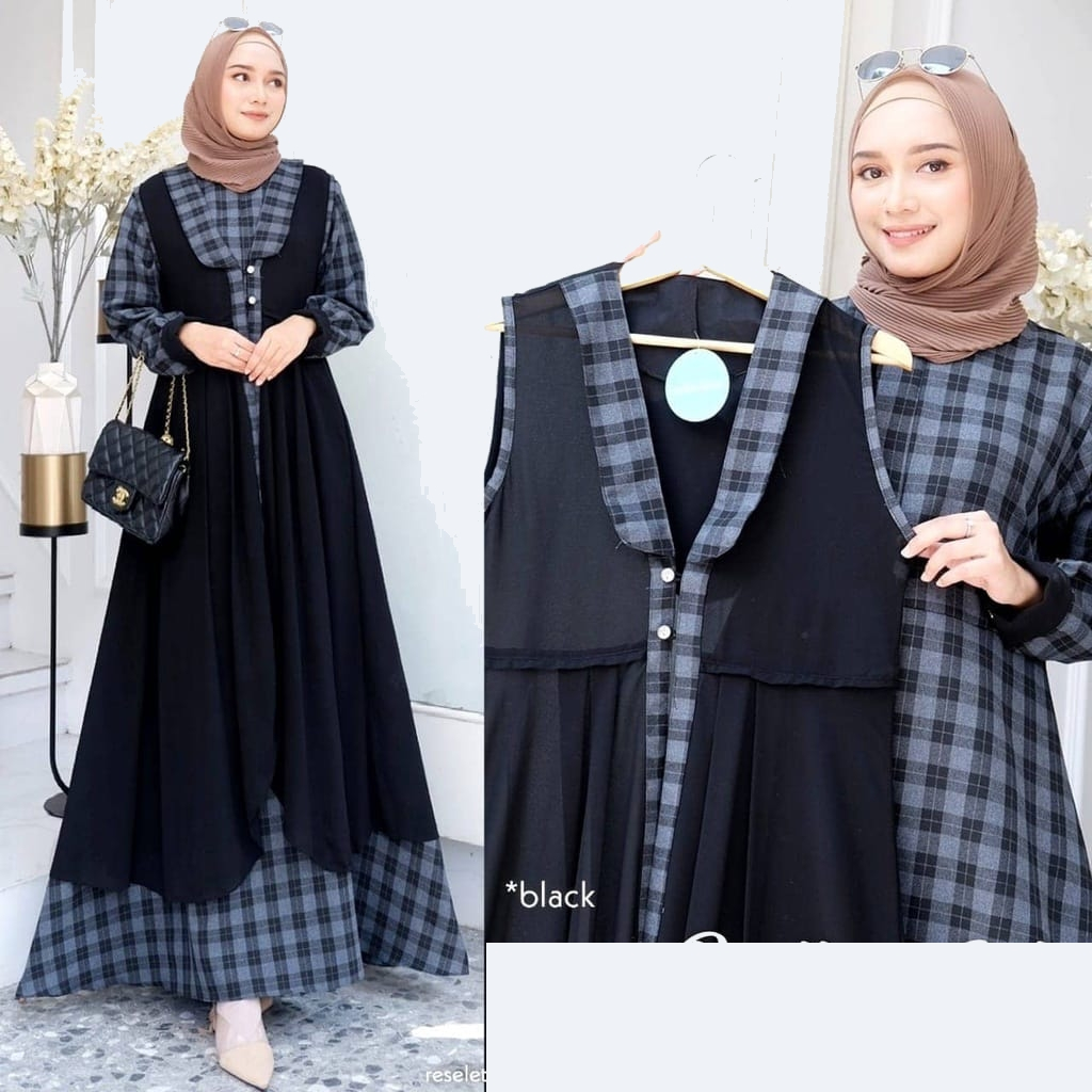 One Gamis Set Premium Outer Ied Lebaran Super Jumbo LD 120 130 140 3XL 4XL 5L Kotak Kotak Modern Mew