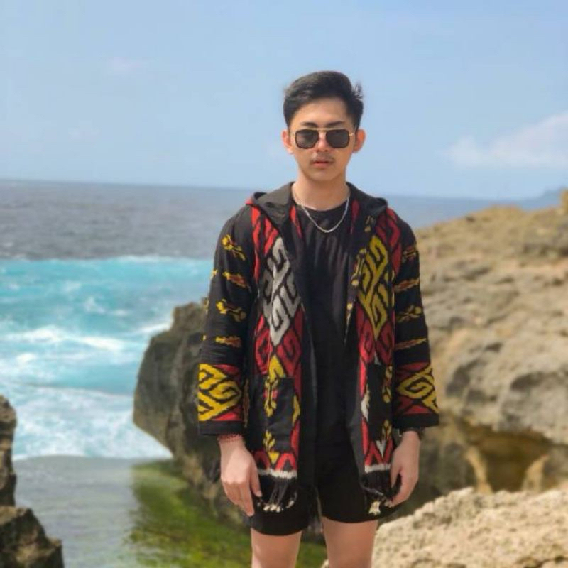 Outer Hoodie Tenun Troso Toraja Black red P775 Hoodie Pria Wanita