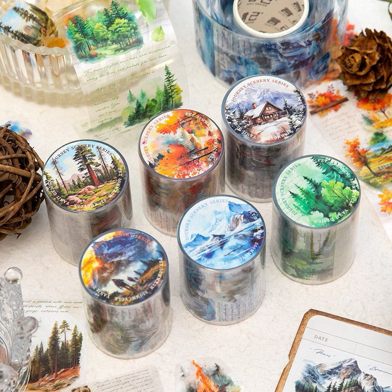 

(7F) washi tape selotip pemandangan hutan kabin salju snow cabin pohon journaling bujo