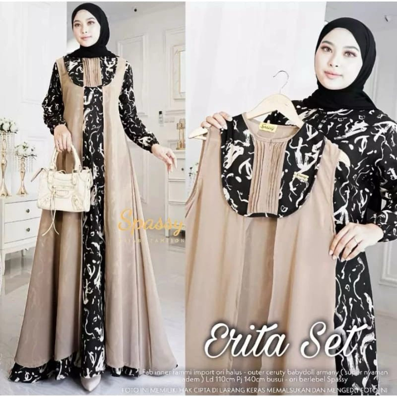 Gamis terbaru Erita set outer lepas matt Katun rami premium mix ceruty bebydoll terbaru