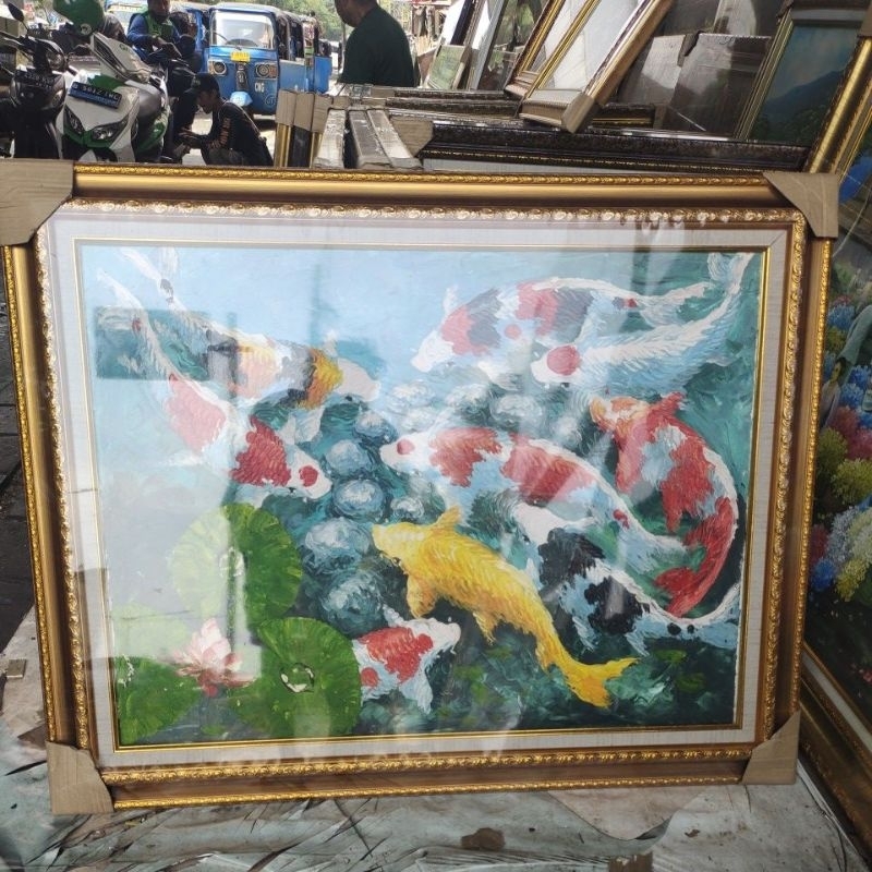 

lukisan canvas cat minyak timbul gambar ikan koi uk 60x80
