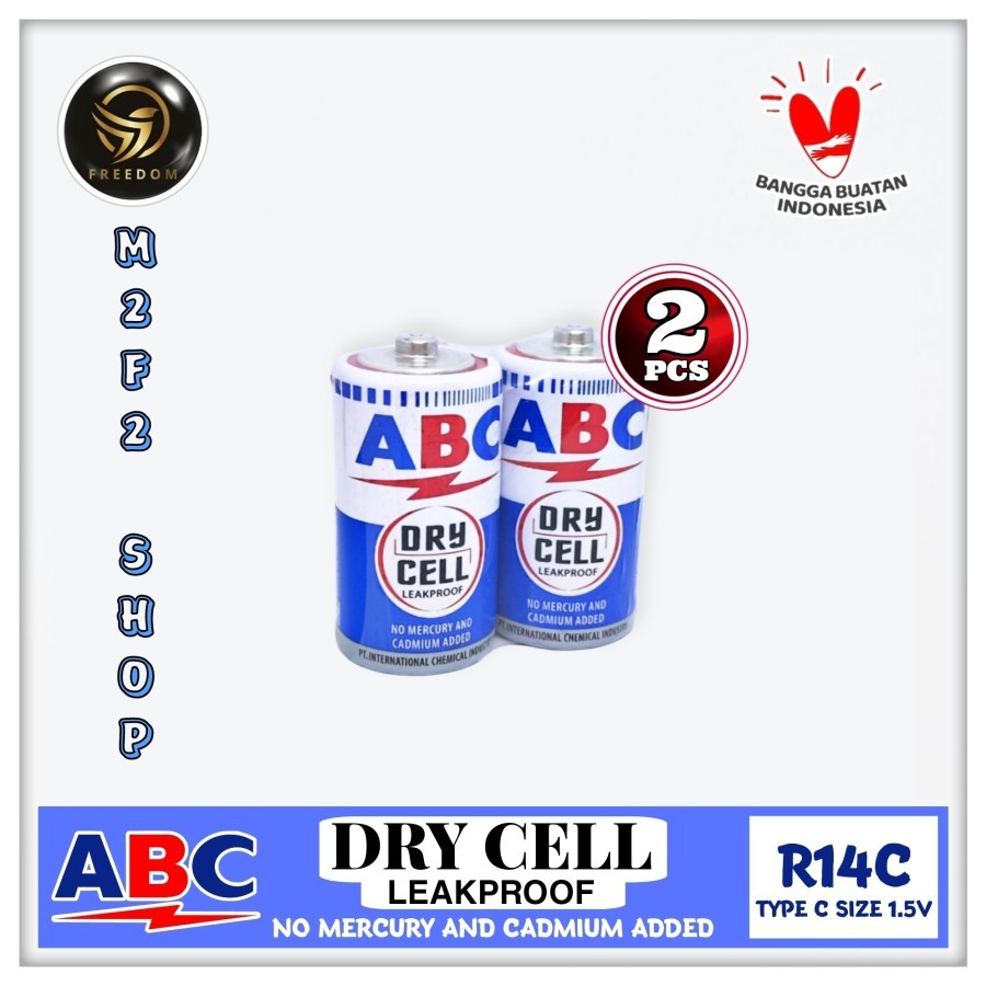 Batu Baterai ABC Biru Dry Cell Ukuran Sedang Type R14C IEC/UM-2/C SIZE 1.5V - (Kemasan 2 Pcs)