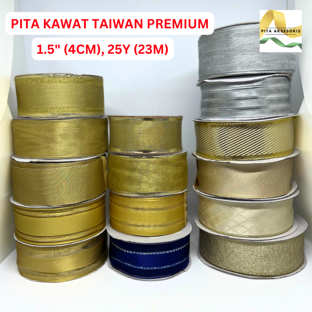 

(1 Roll) Pita Organdi Kawat Pita Satin Glitter List Kawat Taiwan Premium ±4cm x 25 Yard Warna Gold Silver Biru Pinggir Kawat Motif Garis Salur Ornament Pohon Natal Hiasan Xmas Hampers Kue Pita Kado Bouquet