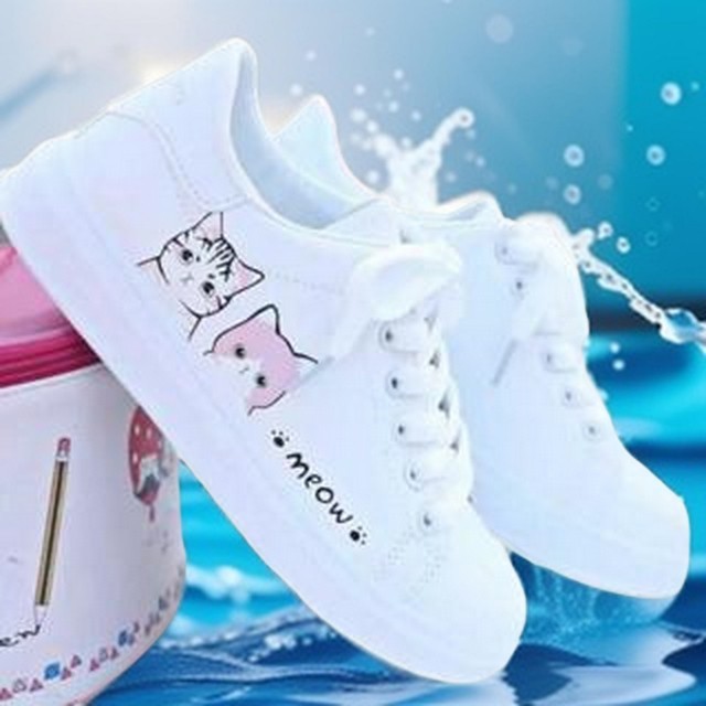 Sepatu Wanita Sneakers kasual Print Motif " Meow" Lucu Putih