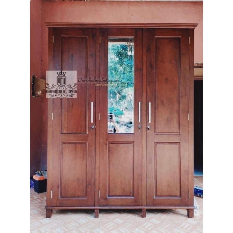 Lemari pakaian jati minimalis pintu 3 , lemari baju 3 pintu , lemari minimalis