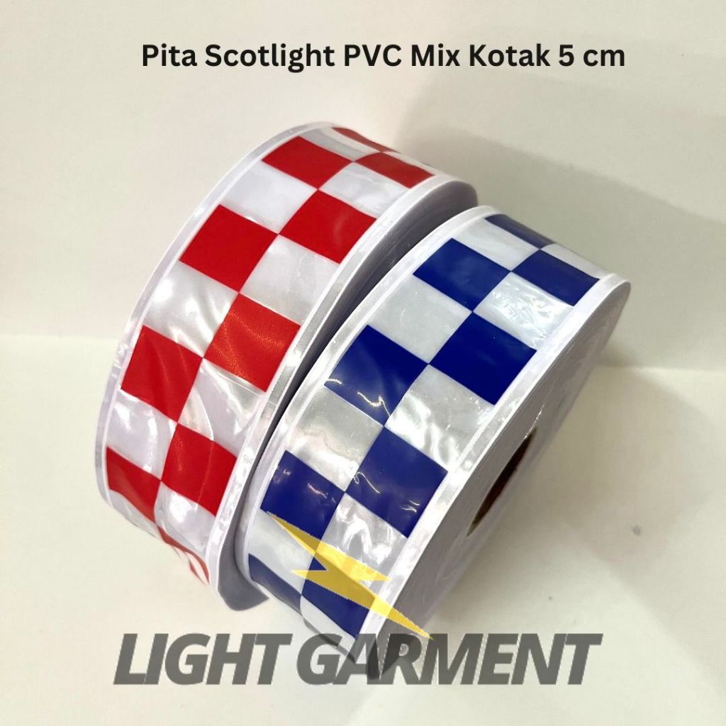 Pita Scotchlite Skotlet Reflektor PVC 5 cm Motif Mix Kotak Biru Merah Putih per 1 Meter  / Scotlight