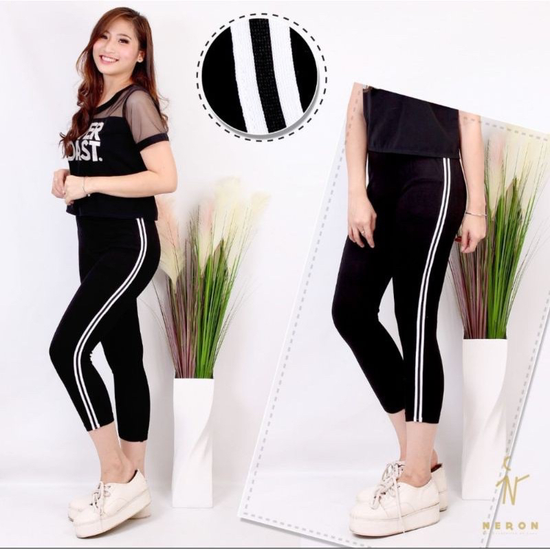 legging highwaist import list garis putih / leging list 2 garis / celana lejing wanita