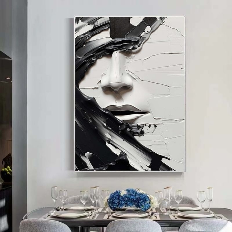 Lukisan kanvas abstrak wajah hitam putih 80 x 120 cm frame pajangan dinding