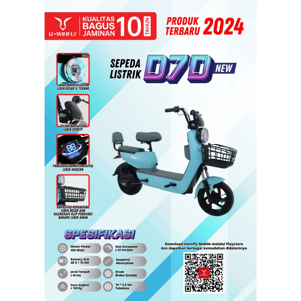 SEPEDA LISTRIK MODEL TERBARU MERK U WINFLY D7D (free ongkir khusus area surabaya,sidoarjo)