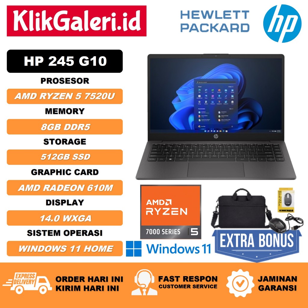 Laptop Gaming HP HP 245 G10 RYZEN 5 7520 series 8Gb 512Gb Black