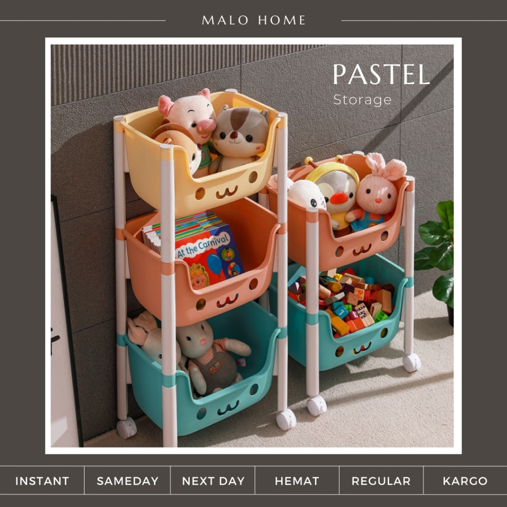 MALOHOME - Organizer Rak 3 Tingkat Plastik Susun Multifungsi Rak Mainan Anak Roda Rak Susun Roda Rak