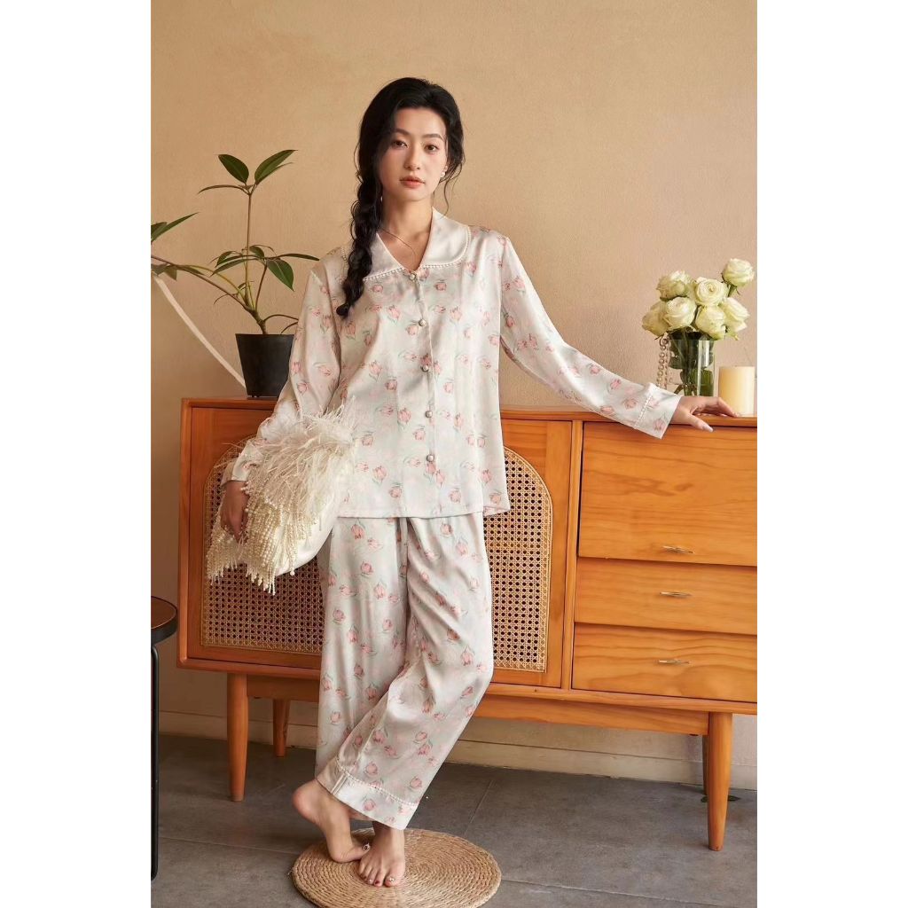 Piyama Satin Lengan Panjang Celana Panjang Motif Bunga Cantik / Baju Tidur Import Piyama Set Premium