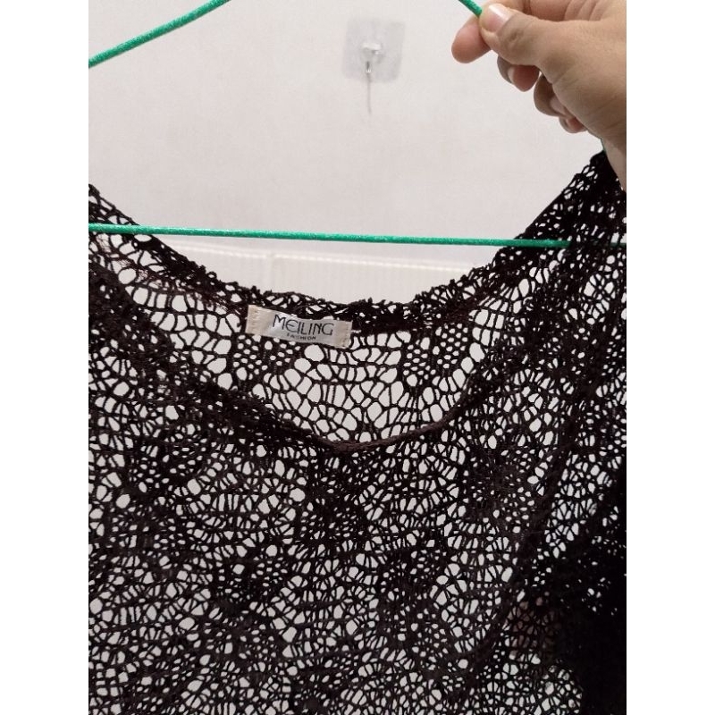 outer unik jumbo luaran gamis model jaring rumbai warna coklat tua
