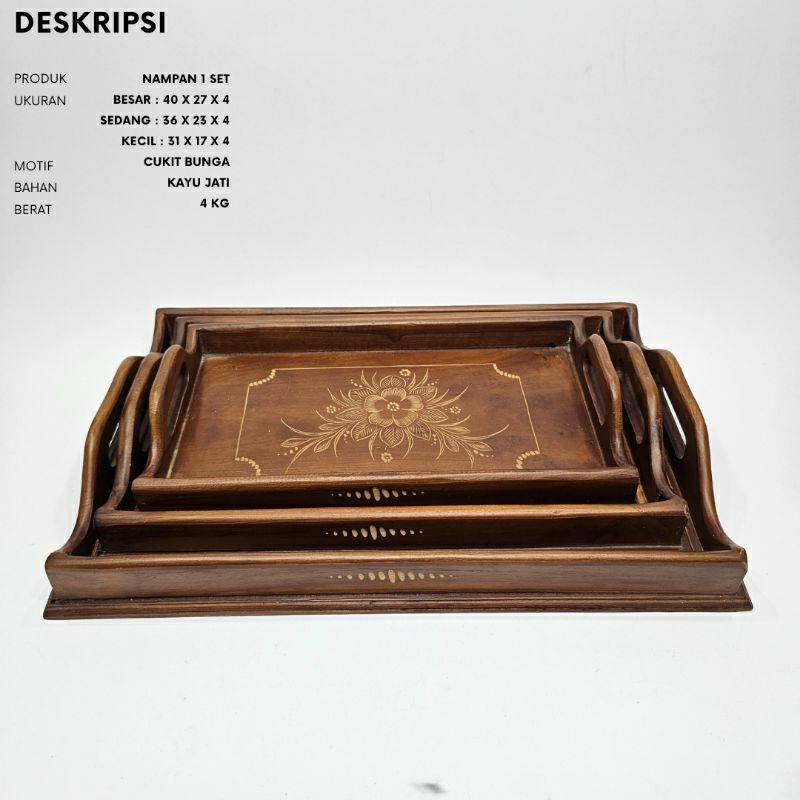Nampan 1 Set Kayu Jati Motif Ukir Cukit