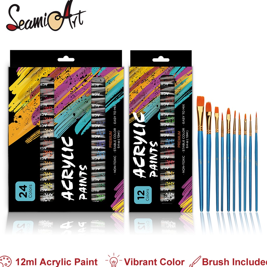 

Kirim Sekarang SeamiArt 12 24color Acrylic Paint Set 12ml Tube Acylic with 1pcs Painting Brush Cat akrilik 12 24 Warna