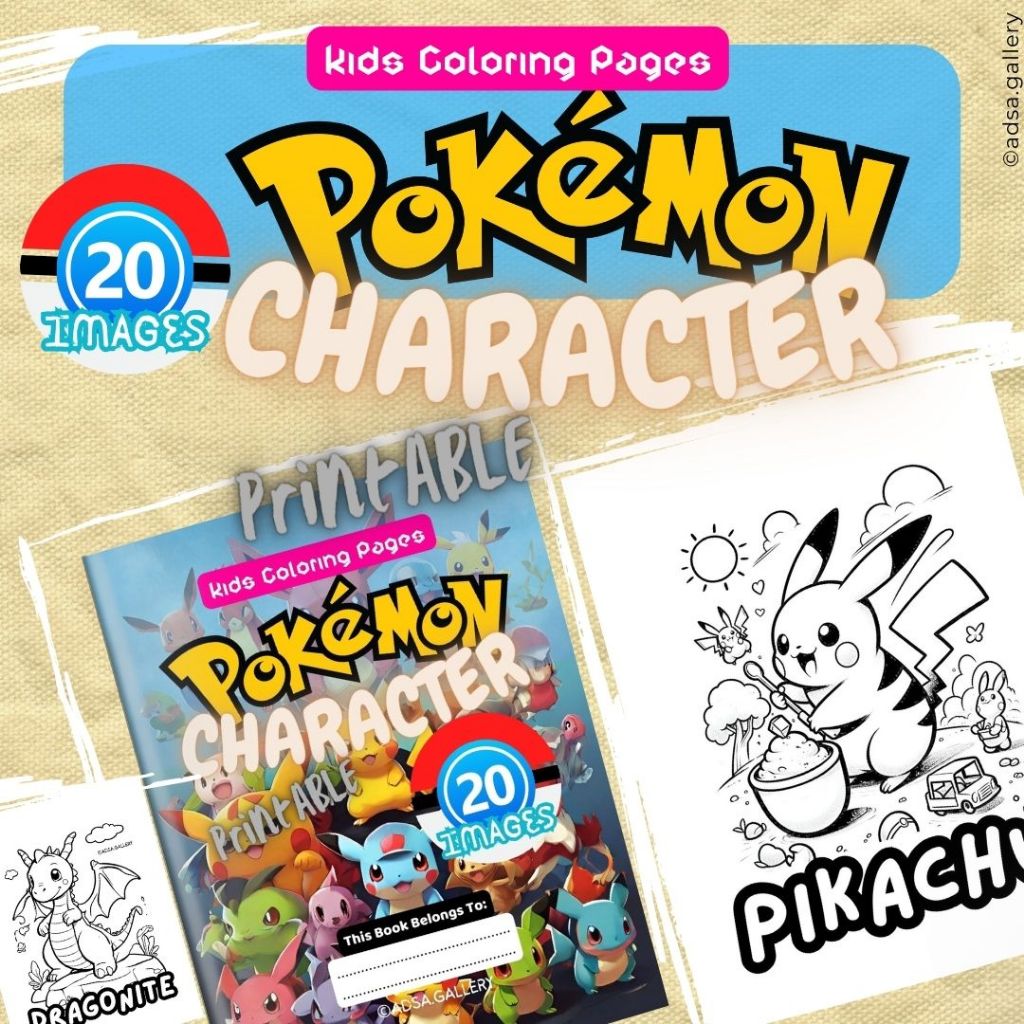 

Seri Karakter Pokemon, Buku Gambar eksklusif tinggal print, terdiri dari 20 gambar Karakter Pokemon Mewarnai Anak yang Dapat Dicetak, Unduhan Digital