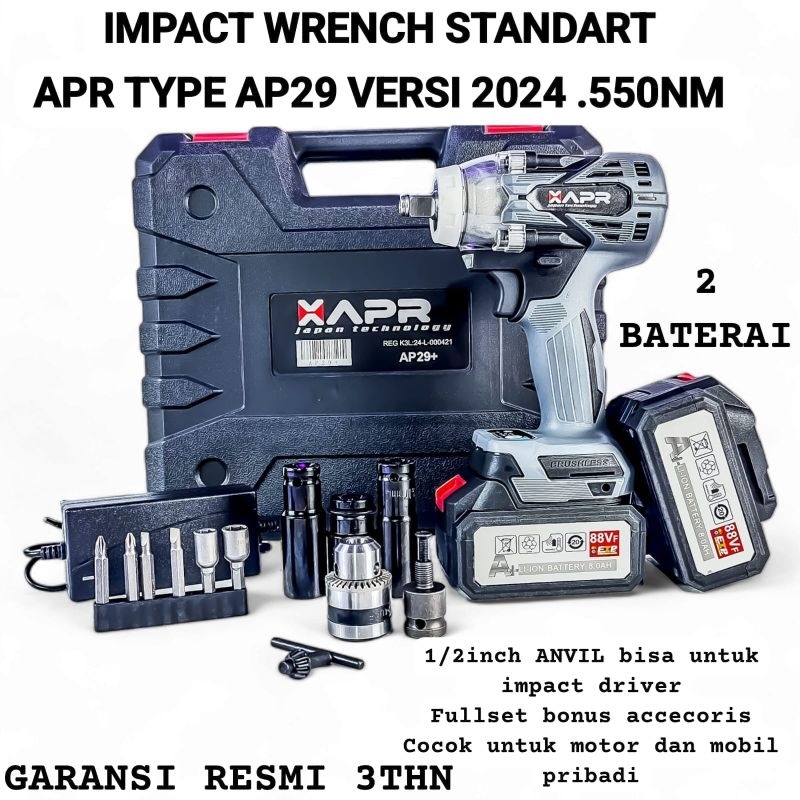 Set  impact  merk APR ap29 wrench  2 baterai full aksesoris 500nm