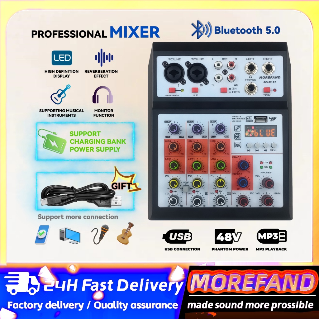 Live Mixer audio RE403-BT mixer Professional Soundcard USB Bluetooth Mini mixer Aluminium murni Untuk Audio Kartu  Karaoke Langsung