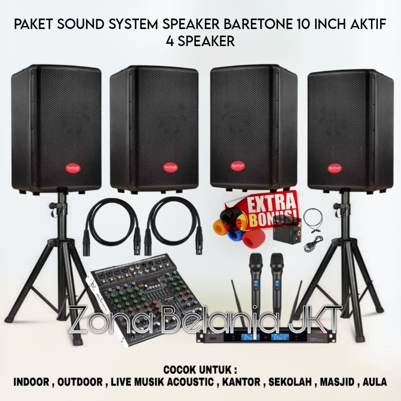 PAKET SOUND SYSTEM INDOOR OUTDOOR LIVE MUSIK KARAOKE SPEAKER BARETONE 10 INCH AKTIF 4 SPEAKER MIXER 