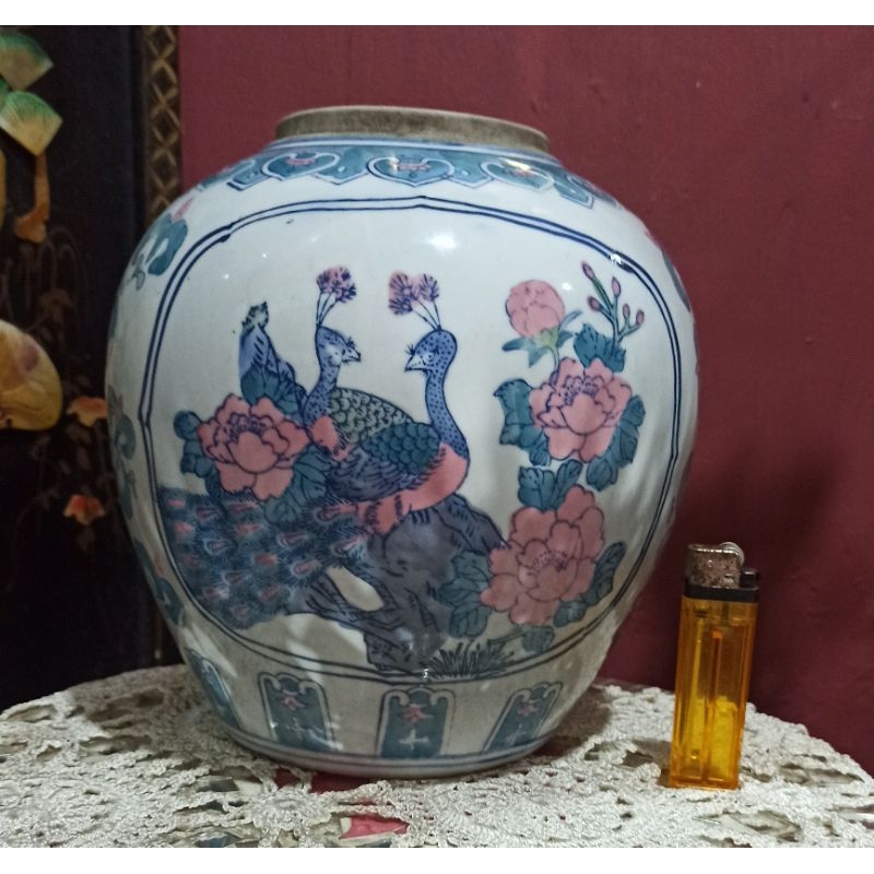 Guci Vintage keramik lawasJumbo lukisan Merak buatan tangan T:23 cm