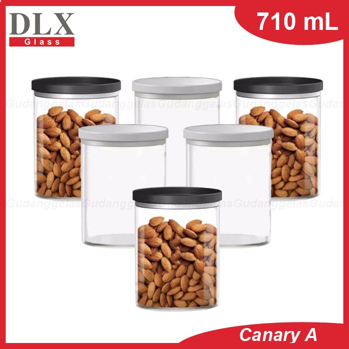 1 SET ISI 6 PCS Toples Kaca/Toples Kopi/Toples Biskuit/Toples Makanan/Tutup warna tutup hitam dan pu