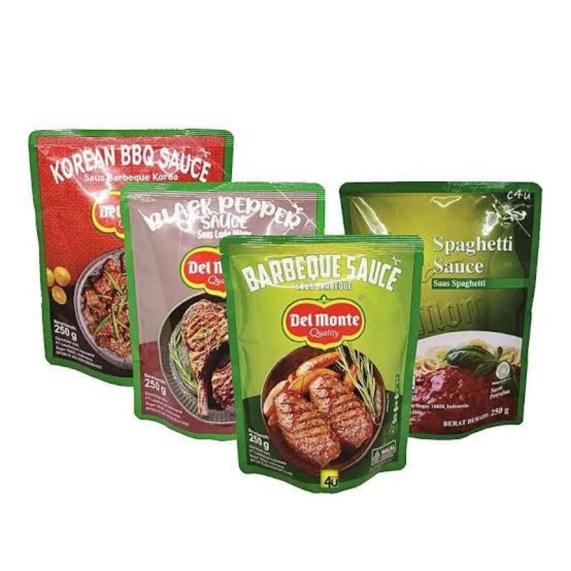 

Del Monte saus pouch 250gr BBQ SAUCE / SPAGHETTI / BLACK PAPPER / KOREAN BBQ