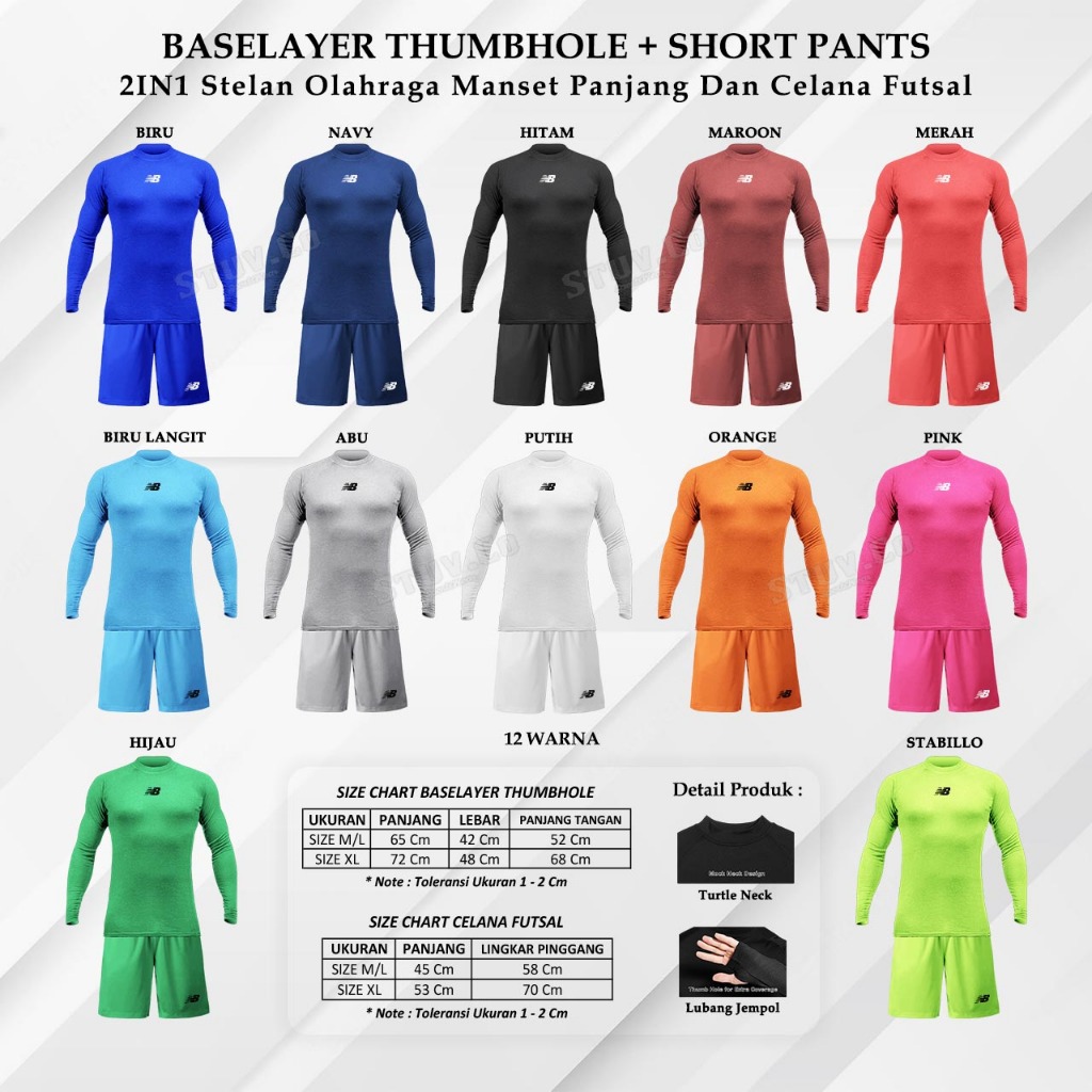 PAKET STELAN 2IN1 MANSET BASELAYER PANJANG THUMBHOLE CELANA KOLOR PENDEK DRY FIT OLAHRAGA SEPAKBOLA 
