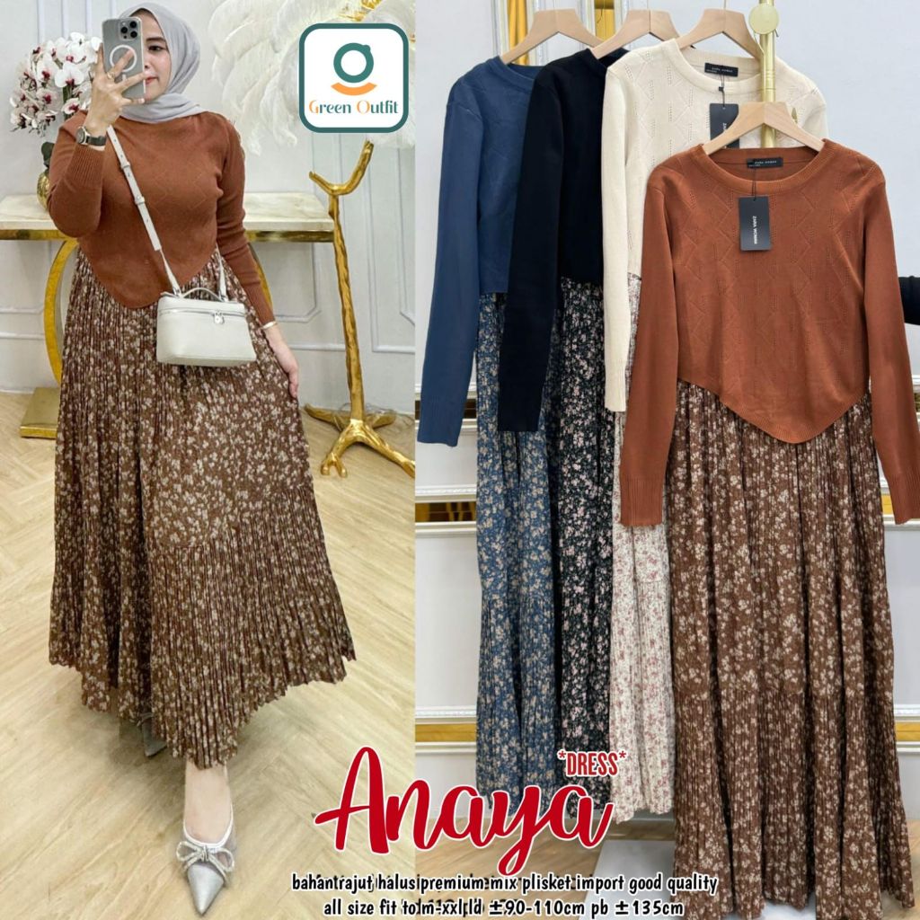 anaya dress dres midi pakaian baju gamis bahan rajut halus plisket import adem tebal melar motif ld 